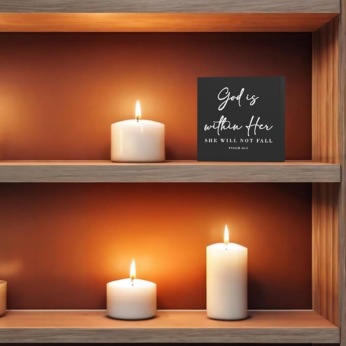 God Is Within Her Bible Verse Artwork Black Wood Box Sign Rustic Farmhouse Style Psalm 46 : 5 Christian Wood Block Plaque 5 X 5 Inches Home Office Desk Sign Decor for Presents
