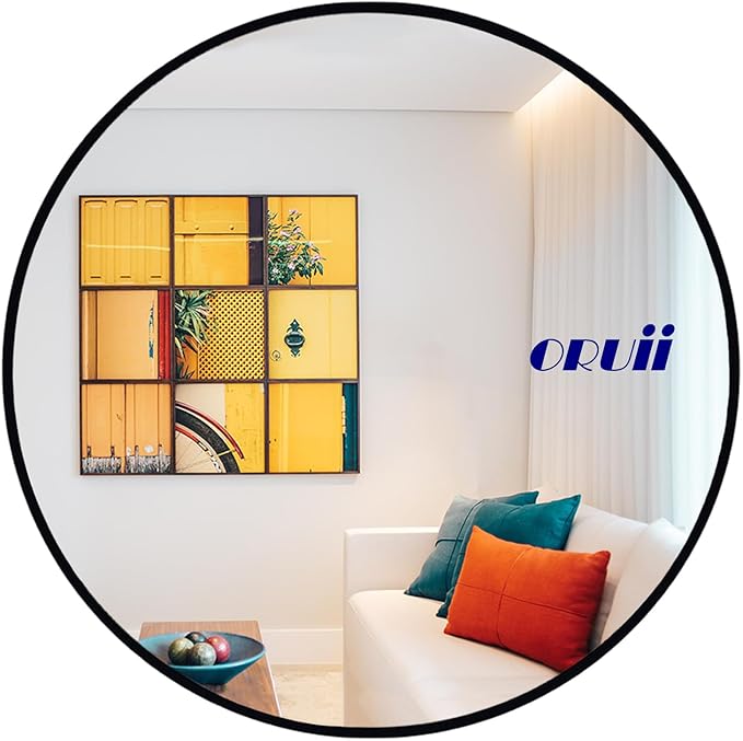 Oruii Round Mirror 28 inch, Black Round Mirror, Large Circle Mirrors Metal Frame, Black Circle Mirrors for Wall, Bathroom, Living Room, Dining Room, Entryway.