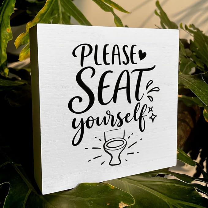 Funny Rustic Bathroom Decor Wooden Box Sign 5x5 Inch - "PLEASE SEAT yourself" Humorous Restroom Shelf Table Decor, Farmhouse Style Wall Countertop Ornament for Home Guest Bathroom Housewarming Gift