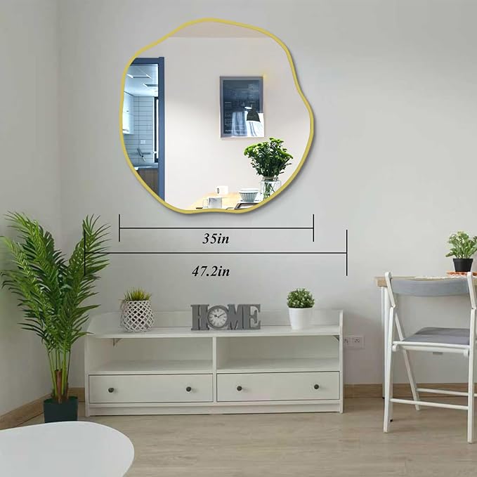 POZINO Irregular Wall Mirror, 35" Large Asymmetrical Mirrors, Gold Scalloped Rounded Mirror, Modern Frameless Abstract Circle Mirrors for Living Room Bedroom Bathroom Entryway Hallway Fireplace