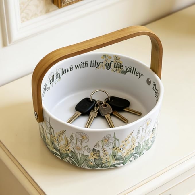 Ceramic Fruit Basket with Detachable Wooden Handle Candy Dish Decorations Ornaments Decorative Bowl Home Kitchen & Dining Table Office Decor(Yellow Bellflower)