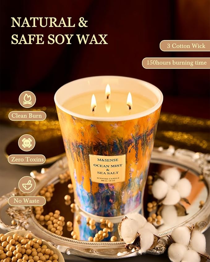M&SENSE Large 3-Wick Ocean Scented Soy Candle, 35oz 150 Hours Non-Toxic, Fresh Spring Spa Home Fragrance, Decorative Relaxing Candle for Home Decor