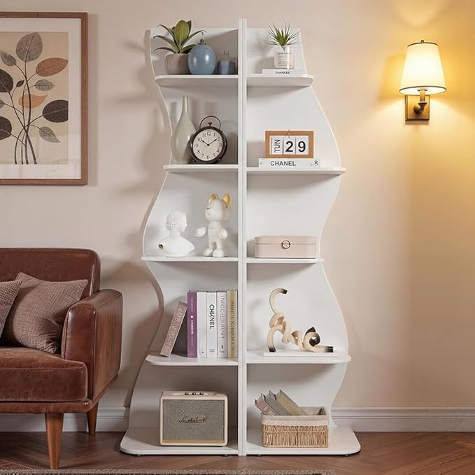VECELO Wavy Corner Shelf, Decorative 5-Tier Storage Bookshelf, 70.1” Tall Freestanding Display Bookcase for Small Spaces, Living Room or Bedroom, White