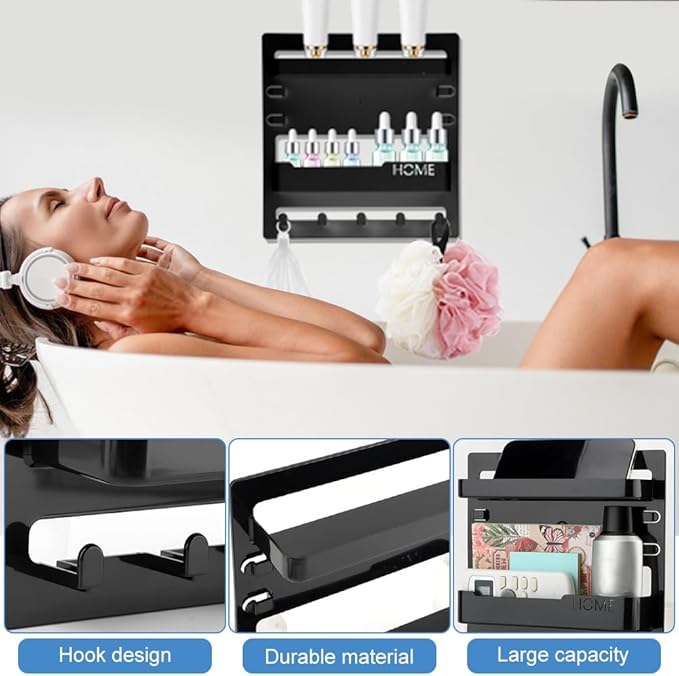 Bedside Shelf Wall Mount and Wall Nightstand for Bedroom,Adhesive Nightstand Wallshelf with 5 Hooks,Wall Mount Shelf Organizer for Charging Station and Remote Control Holder(Black)