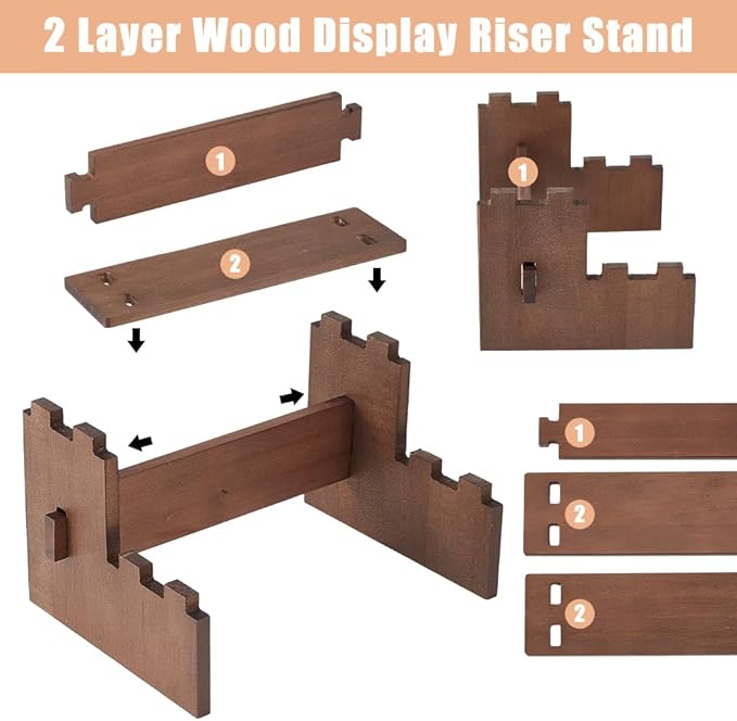 DICOSMETIC 2 Tier Wooden Display Risers Stand Display Shelves 4.72x6.42x3.94 Inch Rectangle Small Wood Table Cupcake Stand Spice Rack Organizer Coffee Perfume Organizer for Cabinet Home Wedding Party