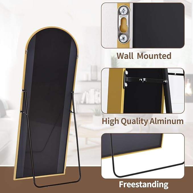 OGCAU Floor Mirror Full Length, 56"x20" Arched-Top Full Body Mirror, Hanging or Leaning, Standing, Wall Mirror with Aluminum Frame for Bedroom Living Room, Gold
