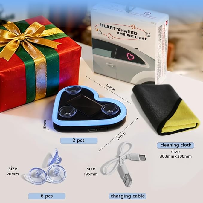 2Pcs Solar Powered Heart Light for Car, 2pcs LED Wireless Ambient Lamp with 6 Modes & Vibration Sensor Can Automatically Power the Light On, Romantic Ambient Gift for Couples (Ice Blue)