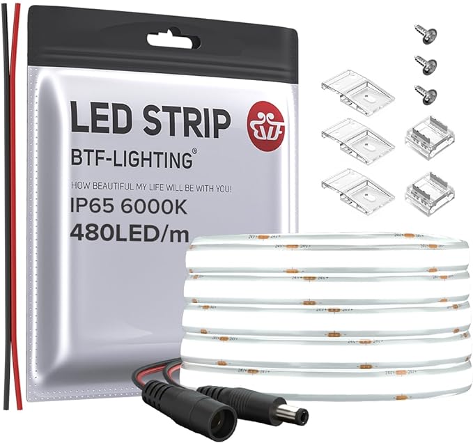 BTF-LIGHTING FCOB COB LED Strip IP65 480LED/m Flexible High Density Uniform Light 9W/m 16.4FT DC12V Daylight White 6000K CRI 90+ 8mm Width for Home Indoor Decor(No Adapter or Controller)