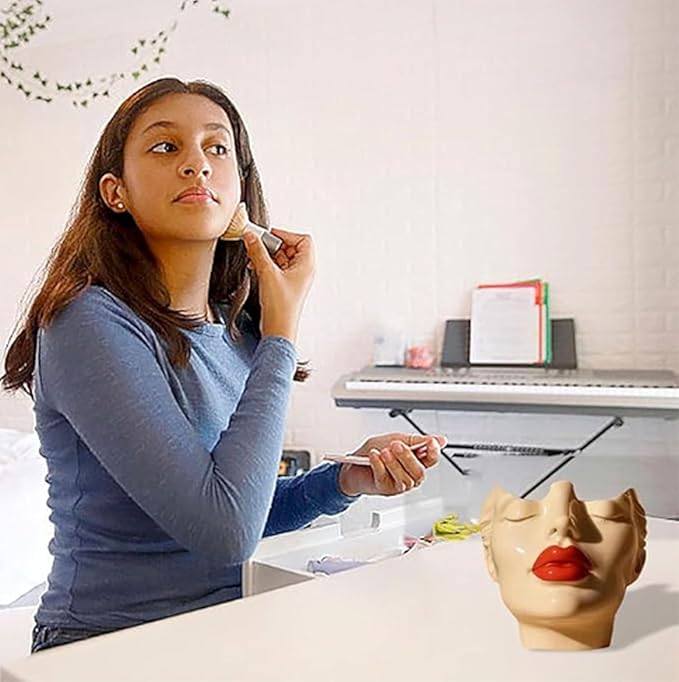 Women's Head Shape Boho Feminist Decoration Body Vase Head Vase Vintage Makeup Brush Holder Boho Makeup Organizer Rotating Makeup Organizer Idealized for Home Decor (C)