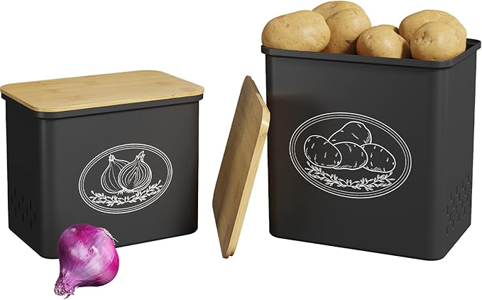 Lifewit Potato and Onion Storage Bin, Stackable Garlic Keeper with Aerating Holes and Lid, Plastic Vegetable Container Box for Pantry Countertop, Black, 24 x 18 x 24 cm/9.5 x 7 x 9.5 inch, Set of 2