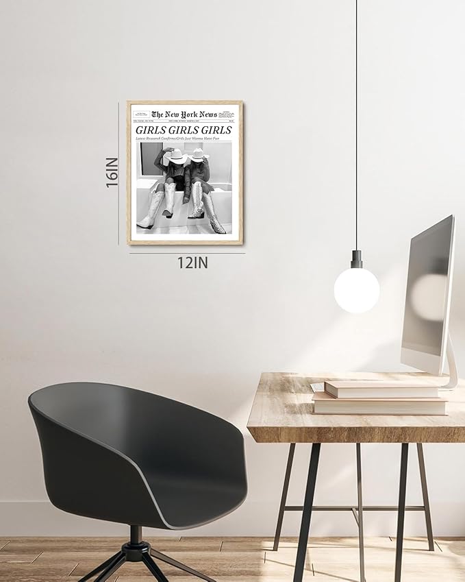 Bwodke OAK Wood Framed Wall Art Girls Just Wanna Have Fun Canvas Art Vintage Newspaper Pictures Western Wall Decor Trendy Cowgirl Prints Black and White Artwork for Girly Dorm Bedroom 12"x16"