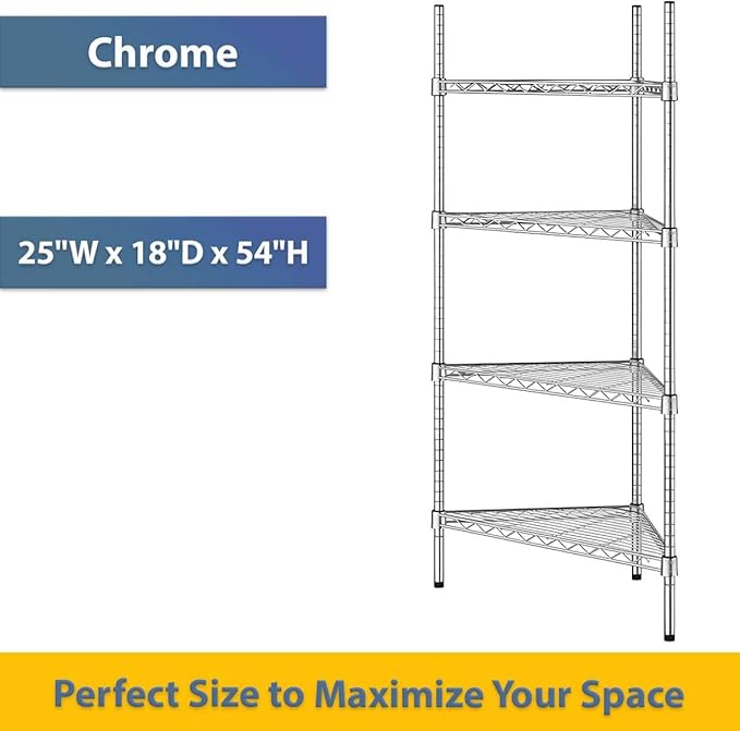 25" W x 18" D x 54" H NSF Chrome Triangle Heavy Duty Corner Shelving Kit, 4-Shelf Adjustable Wire Rack