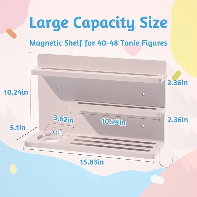 for Tonies Shelf Magnetic - Tonies Figure Organizer for Kids Room, Wooden Magnetic Display Shelf for Tonies Box Holder, Wall Floating Shelves Toy Storage Compatible Charging Station (3 Tier, White)