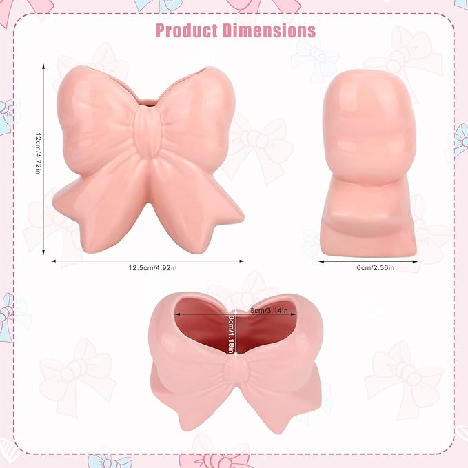 Pink Bow Ceramic Vase, Pink Ceramic Vase Pen Holder Makeup Brush Organizer for Home Office Decor