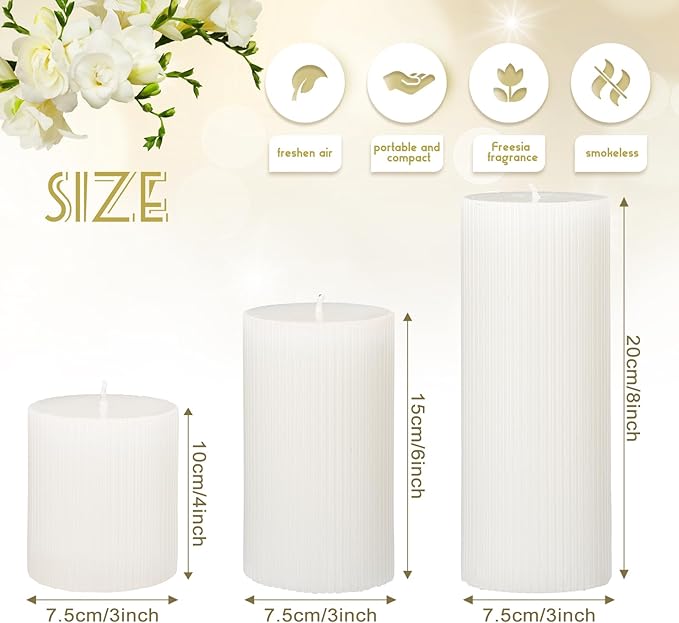 Conelist Ribbed Pillar Candles Set of 3, Width 3" High 4" 6" 8" Large Soy Wax Orchids Scented Pillar Candles Aesthetic Ribbed Modern Home Decor for Bathroom Living Room(White)