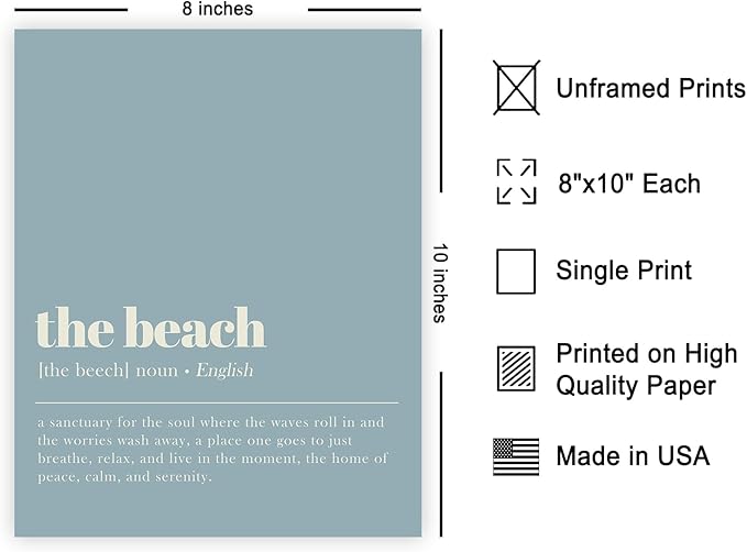 Poster Master Definition of The Beach Print - Typography Poster - Dictionary Art - Minimal Gift for Men & Women - Decor for Bedroom, Living Room or Dorm - 8x10 UNFRAMED Wall Art
