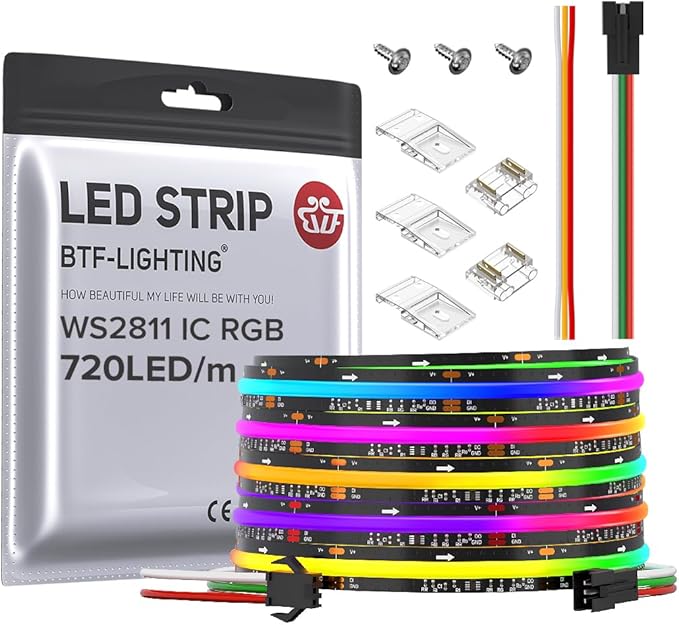 BTF-LIGHTING FCOB WS2811 IC RGB COB LED Strip DC24V 720LED/m 24FT Flexible High Density Uniform Chasing Color Light 20IC/m 12mm Width Dream Color LED Tape Black PCB(No Adapter or Controller)