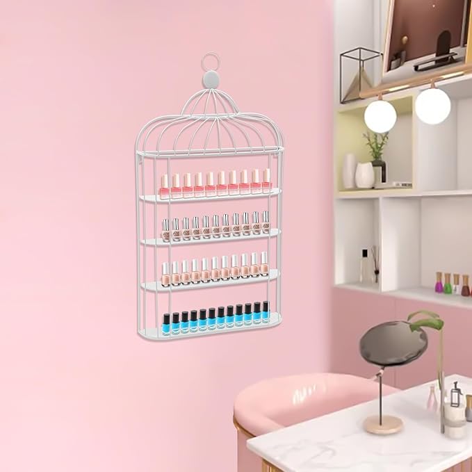 4-Tier Nail Polish Wall Racks 20 * 37 Inch Hold Up to 200 Bottles Birdcage Iron Nail Polish Shelf Organizer Wall Mounted 4 Rows (White)