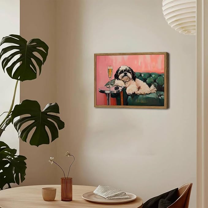 Funny Dog Wall Art, Cute Animal On Couch Bar Cart Pictures Wall Decor Paintings, Eclectic Dog with Cocktail Canvas Prints, for Living Room Dining Room Bedroom 16x24 inch Wood Framed