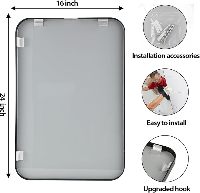 16x24 Inch Black Wall Mirror for Bathroom, Brushed Metal Framed Mirror with Rounded Corner, Rectangle Bathroom Vanity Mirror for Bedroom or Living Room, Horizontal/Vertical