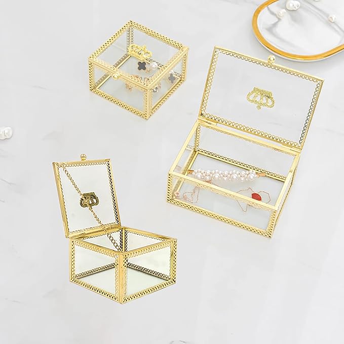 NAJMECHOY Glass Jewelry Box, Mirror Bottom with Crown Lid, Box for Makeup, Lipstick Ring Earrings, Storage Box, Gold Glass Box Ring, Bracelet Display Transparent Box (Square)