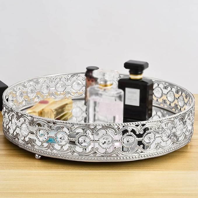 Round Mirror Tray for Coffee Table, Perfume, Makeup, and Vanity - Decorative Organizer for Dresser Tops (Silver, 11.8 in)