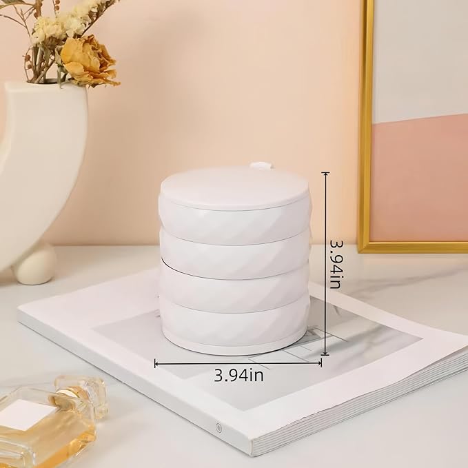 Rotating Jewelry Organizer with 4-Tier Partitioned Storage, Small Jewelry Box with Multi-Angle Adjustable Makeup Mirror for Vanity, Travel & Women Gifts. (White)
