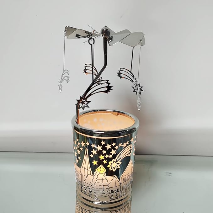Metal Rotary Candle Holder Spinning Windmill Tea Light Carousel Decor for Home & Gifts (Silver Meteor)