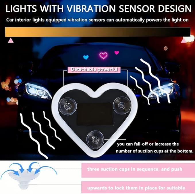 2Pcs Solar Powered Heart Light for Car, LED Wireless Ambient Lamp with 6 Modes & Vibration Sensor Can Automatically Power The Light On, Romantic Ambient Gift for Couples (Pink)