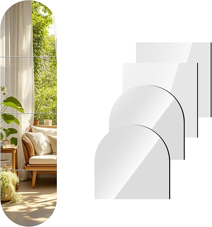Full Length Mirror Wall Mounted,12 x 12 Inch x 4 PCS Arched Mirror Full Length Self Adhesive Glass Frameless Full Body Mirrors for Decor Living Room,Entrance,Bedroom,Salon
