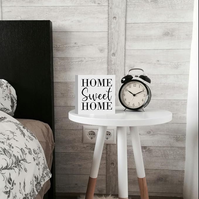 Home Sweet Home Rustic Farmhouse Style Wood Sign Art 5 x 5 Inch Wooden Box Plaque for Living Room Desk Décor Gift