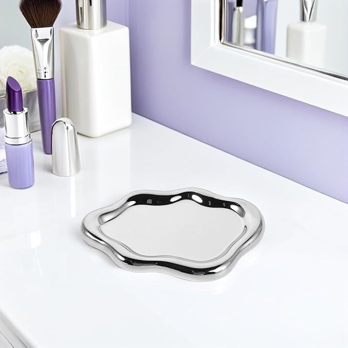 FOMIYES Silver Irregular Ceramic Nail Art Display Tray and Jewelry Trinket Dish Decorative Vanity Organizer for Makeup, Watches, and Rings Holder