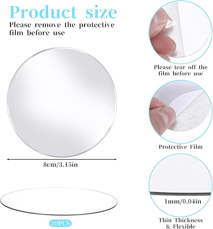 Trinkrittey 20pcs Mini Acrylic Round Mirror Tiles, 3in Self-Adhesive, Silver, Classic Style, Mosaic Tiles for DIY Crafts, Walls & Decor