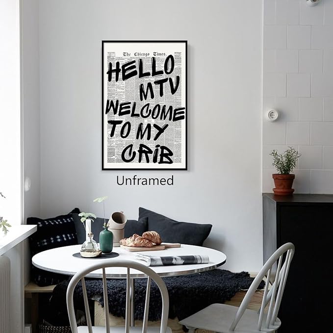 Enlaizhude Hello MTV Welcome To My Crib Quote Poster, Vintage Black White Newspaper Canvas Wall Art, Trendy Typography Print Picture, Charming Positive Dorm Bedroom Wall Decor 16x24in Wrapped Canvas