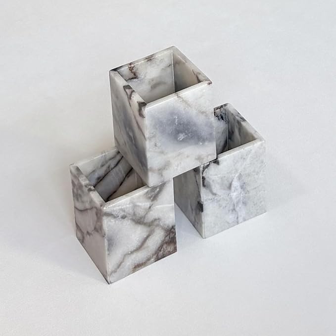 Natural Marble Stone Square Storage Container Empty Vessel Holder Cup for Candle/Pens/Sundries items (White Elephant Marble)