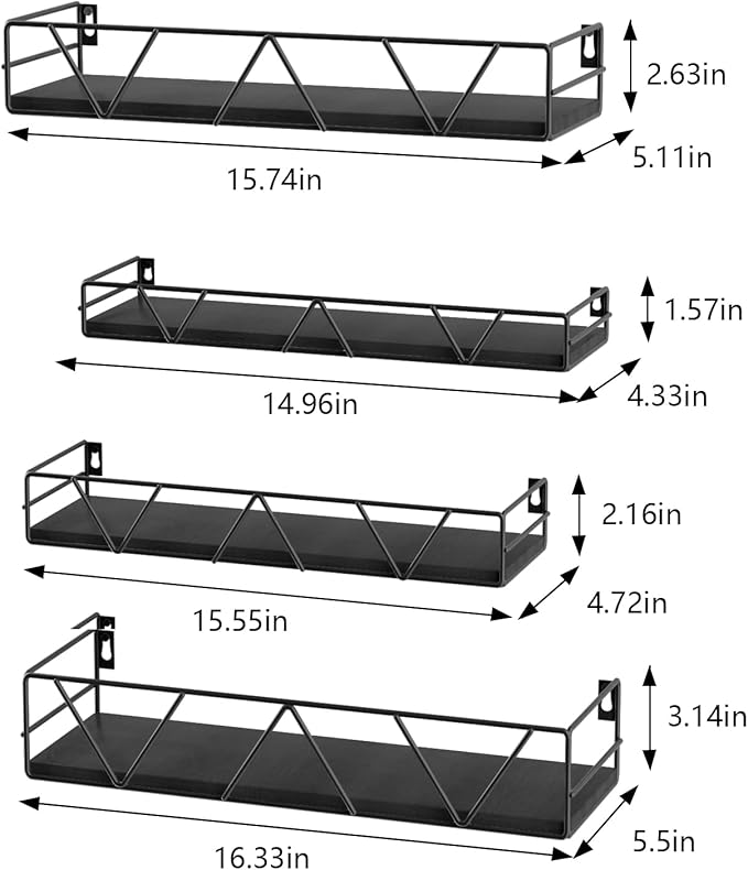 Amaoot Floating Shelves Set of 4, Home Wood Wall Shelf, Farmhouse Shelf for Bedroom, Wall Mounted Floating Shelf for Living Room, Bedroom, Bathroom, Kitchen, Office (Black)
