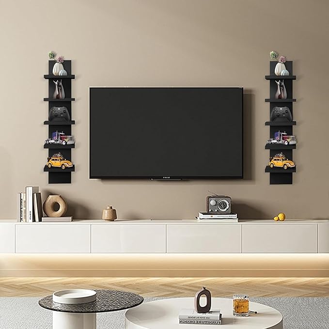YEXEXINM 5 Tier Black Wall Shelf Unit 2 Pack, Compact Narrow Smooth Laminate Finish - Vertical Column Wall Decor Mount Floating Storage Home Decor Organizer Tall Tower Utility Shelf