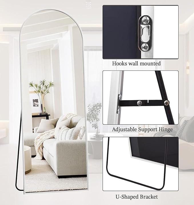 Rowjut Floor Length Mirror, 71"x26" Arched Full Length&Standing Hanging or Leaning&Freestanding Full Body Mirrors, Wall Mounted Mirror with Thin Aluminum Frame (White)