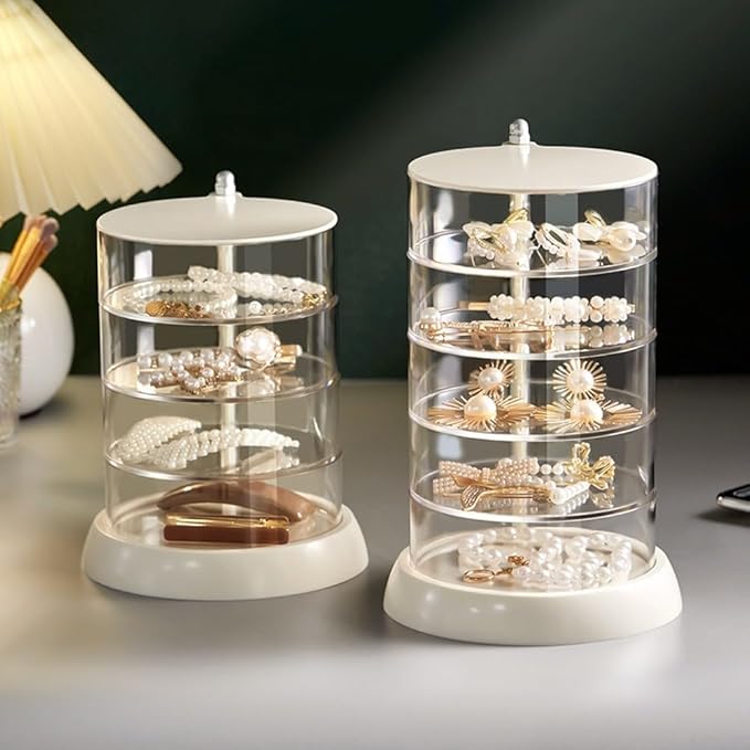 360 Degree Rotating Transparent Jewelry Storage Box Multi-Layer Organizer for Hair Accessories Makeup Tools Space Saving Clear PP PET Vertical Design Stackable Compartment(E)