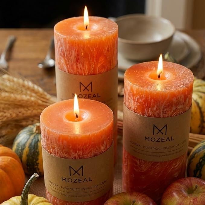 MOZEAL Hand-Poured, Unscented Orange Crystal Pillar Decorative Candles, Elegant Set of 3 in Different Sizes (3"x4", 3"x5", 3"x6"), Luxurious Décor for Fall Homes & Events
