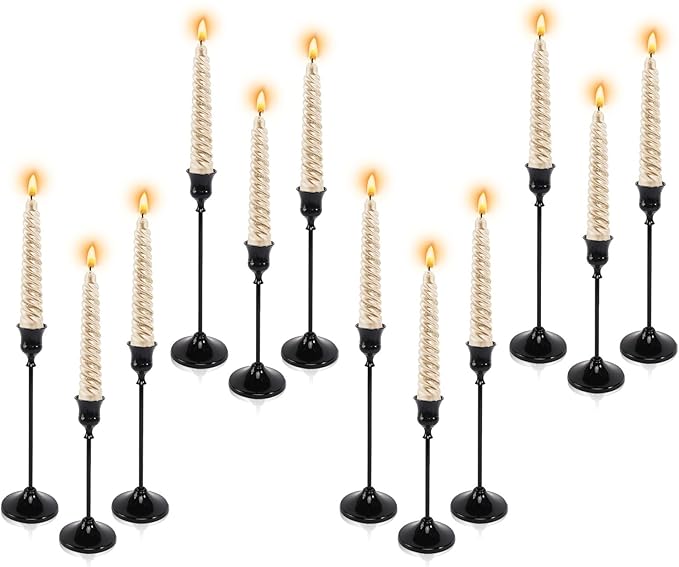 12pcs Black Candle Holder, Black Candlestick Holders Taper Candle Holders for Pillar Candles Sticks Holder Decor Halloween Christmas Decorations Candle Stick Holder Candelabros para Centros de Mesa