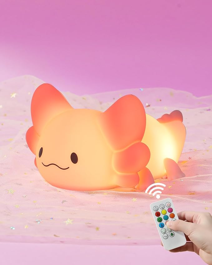 ZKLiLi Night Light for Kids Lamp, 16 Colors Lamp Cute, Dimmable Baby Night Lights for Nursery,Silicone Rechargeable Nightlight for Kids Room, Kawaii Room Decor (Axolotl-Remote)