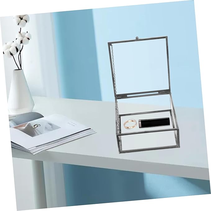 Levemolo Alloy Frame Glass Jewelry Storage Box Sealing Glass Case Lid for Women Decorative Ring Storage Cases Home Cosmetics Organizer
