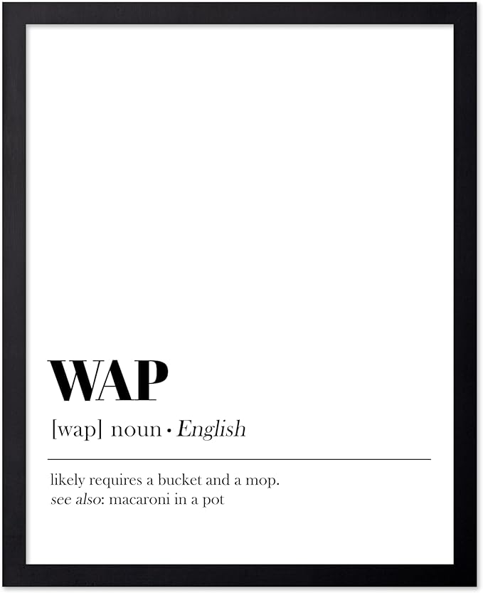 Poster Master Typography Poster - Dictionary Print - WAP Definition, Wet, Requires Bucket and Mop, Minimal, Funny - Gift for Girl, Friend - Wall Decor for Home, Bedroom, Dorm, 11x14 Black Framed