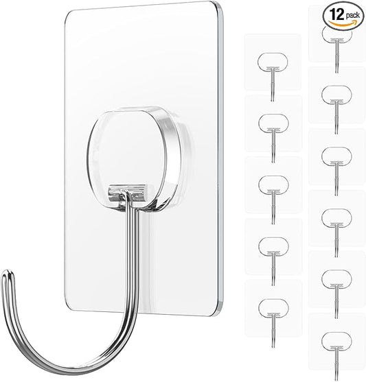 JINSHUNFA Adhesive Wall Hooks 13LB Heavy Duty No Drill Large Transparent Waterproof Hooks for Bathroom Kitchen Towel Coat 12 Pack