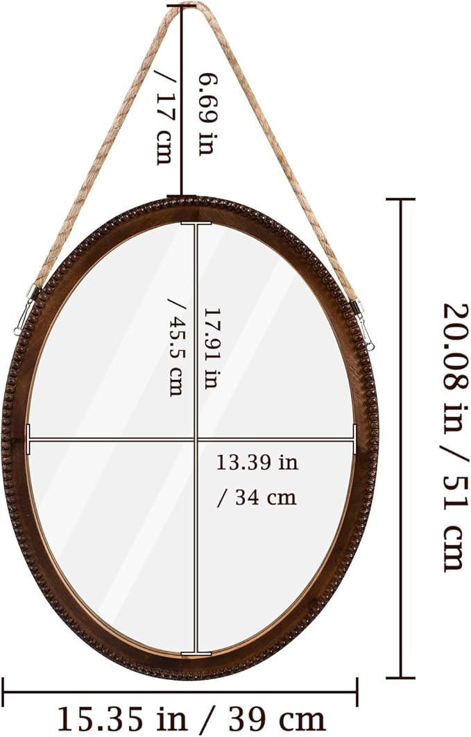 OKSQW 20 Inch Oval Wall Mirror Wooden Bead Frame Art Decorative Rustic Farmhouse Wooden Mirror Hanging Mirror with Rope for Entryway Bedroom Living Room Bathroom