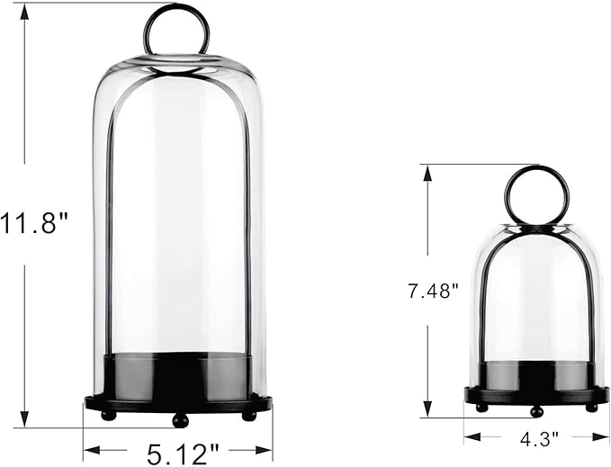 5" & 4" Wide Versatile Metal Candle Holder in Black with Handmade Thick, Heavy & Sturdy Glass Dome for Pillar Candle, Industrial, Modern, Shelf, Mantel, Veranda, Porch (Black, Large & Small)