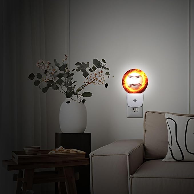 Baseball Fire Night Light Plug Into Wall Auto Led Sleep Round Lamp for Living Room Hallway Stairs