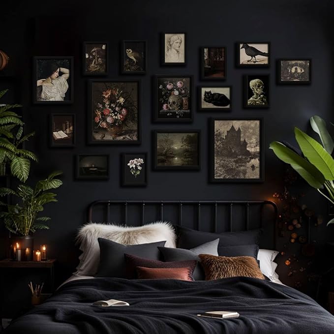 ANERZA 16 PCS Dark Academia Room Decor, Gothic Home Decor, Moody Wall Art Prints for Bedroom, Witchy Posters for Room Aesthetic, Wall Collage Kit Pictures for Living Room, Halloween Dorm Gallery Decor