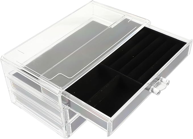 Acrylic Multi-layer Jewelry Storage Box with Black Makeup Organizer for Earrings Necklaces Rings Brooches Sturdy Compartment Display Case for Women Desktop Decor